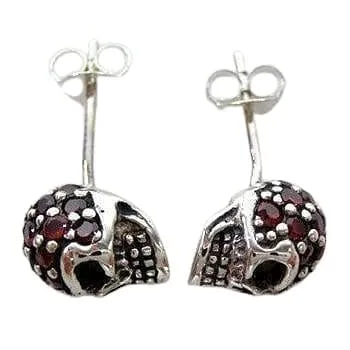 Garnet Head Sterling Silver Skull Stud Earrings
