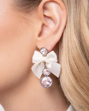 Genteel Glam - Pink - Gem White Ribbon Bow Paparazzi Post Earrings