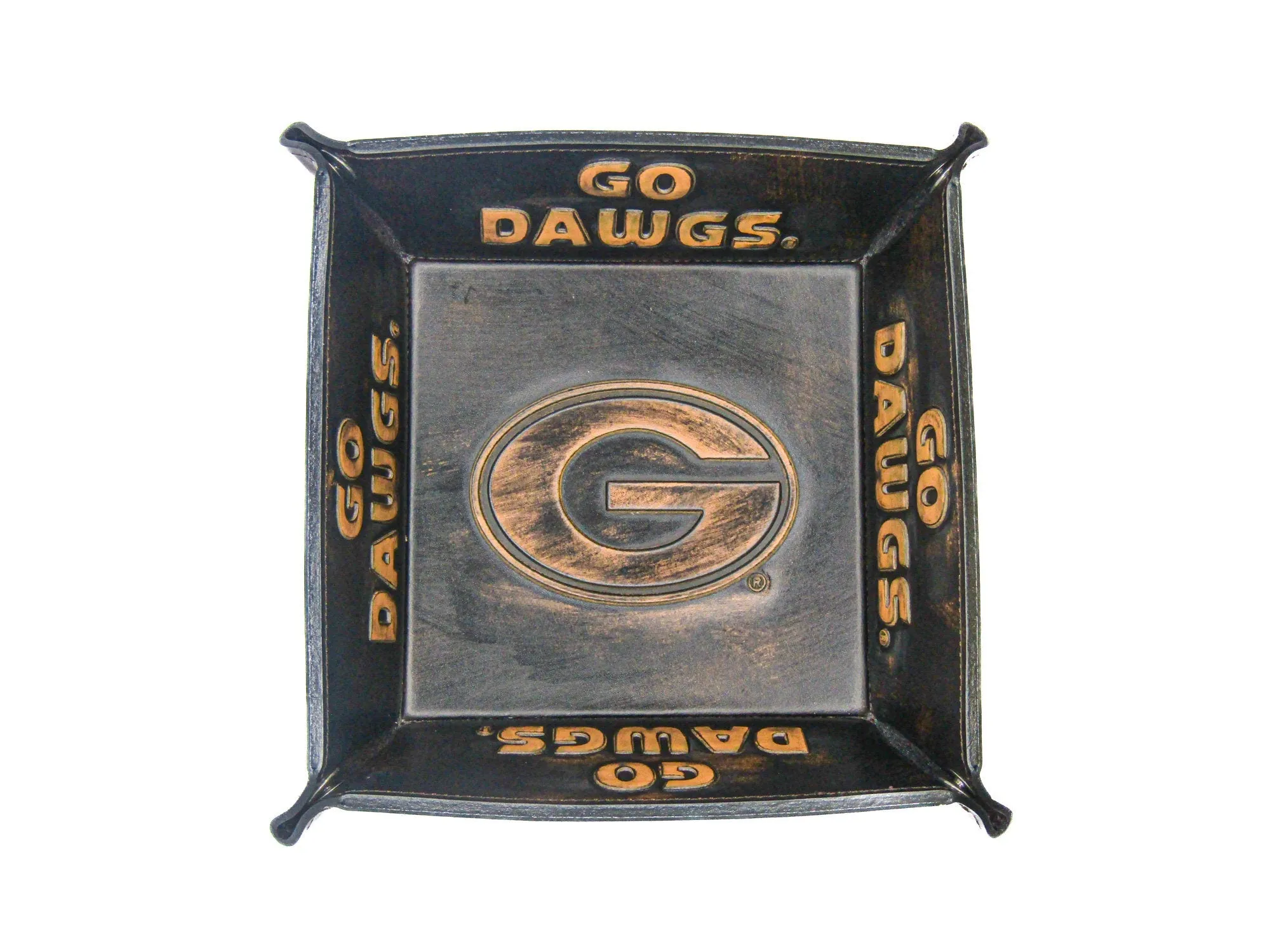 Georgia Bulldogs Men's Collegiate Valet Tray, Catch-all, Desk Organizer, Nightstand Tray. Brown Burnished Full Grain Leather Finish.