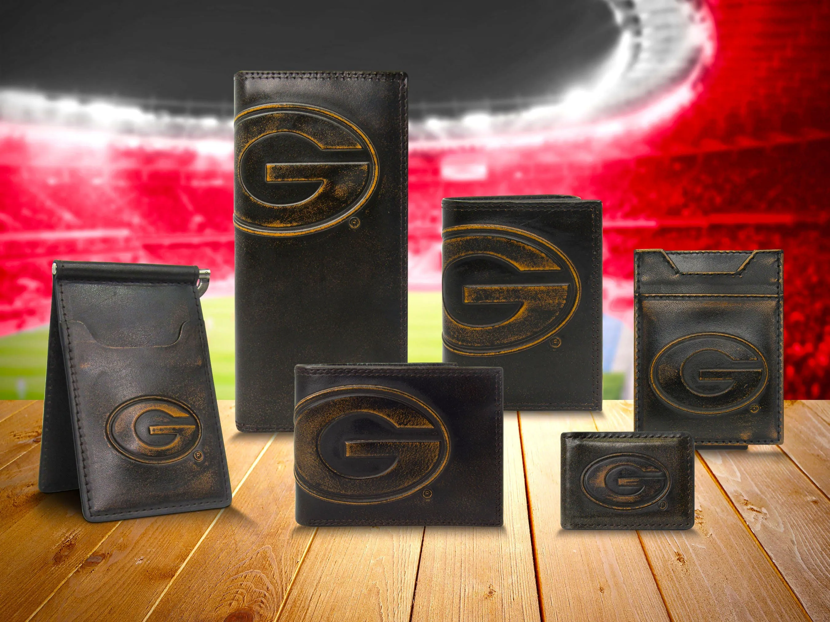 Georgia Bulldogs Men's Collegiate Valet Tray, Catch-all, Desk Organizer, Nightstand Tray. Brown Burnished Full Grain Leather Finish.
