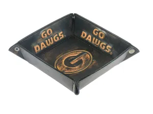 Georgia Bulldogs Men's Collegiate Valet Tray, Catch-all, Desk Organizer, Nightstand Tray. Brown Burnished Full Grain Leather Finish.