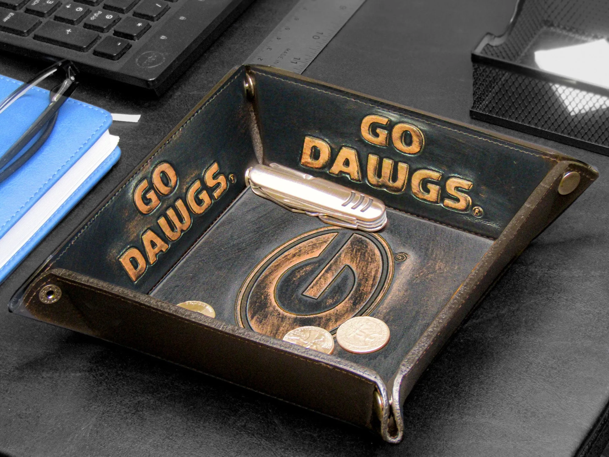 Georgia Bulldogs Men's Collegiate Valet Tray, Catch-all, Desk Organizer, Nightstand Tray. Brown Burnished Full Grain Leather Finish.