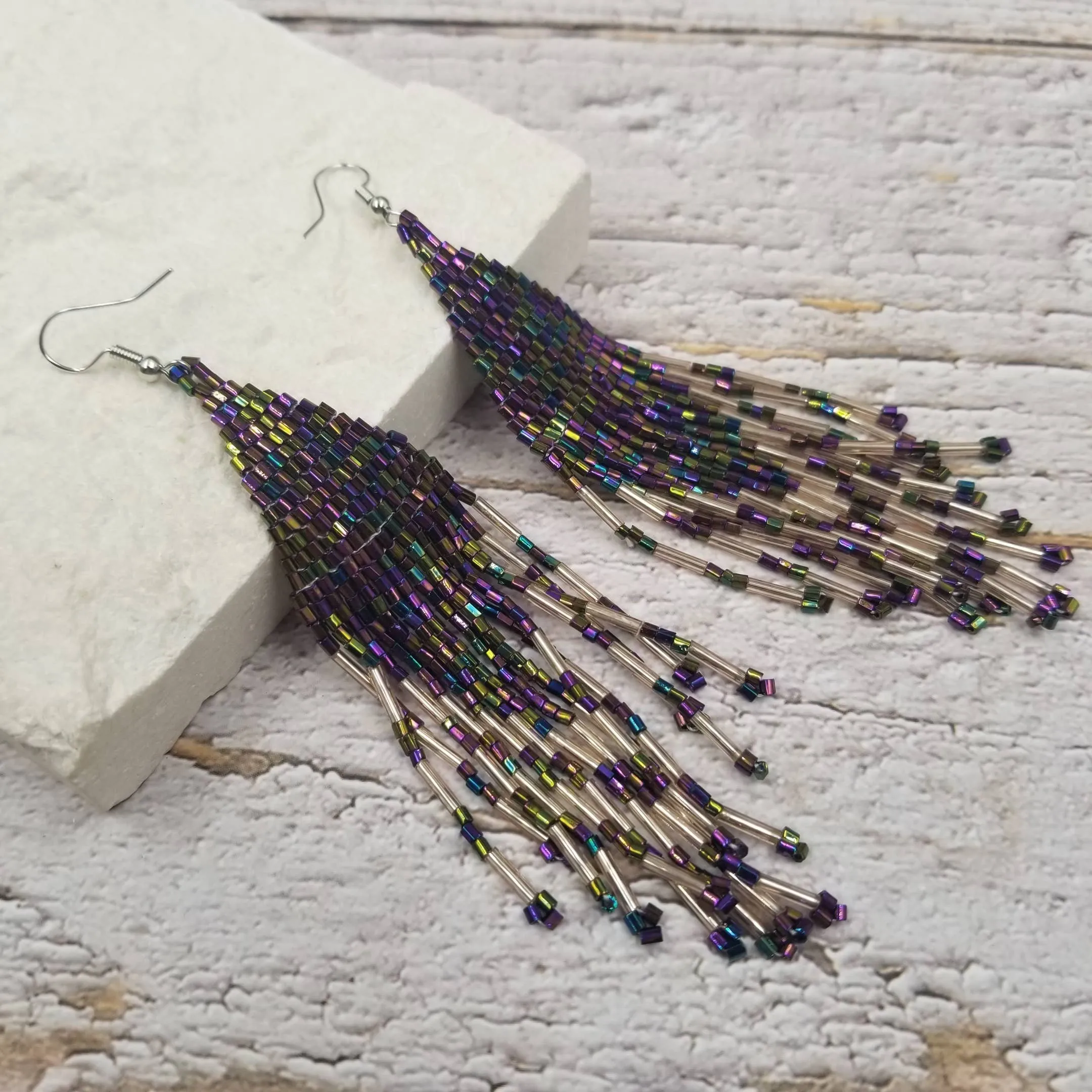 Glass Seed Beads Beaded Long Earrings 4.56 Inch