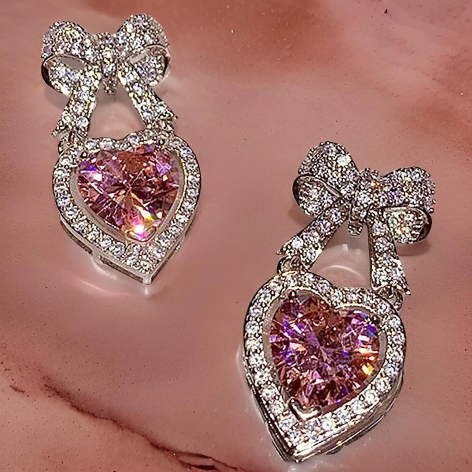 Glitz Bow Heart Dangle Earrings