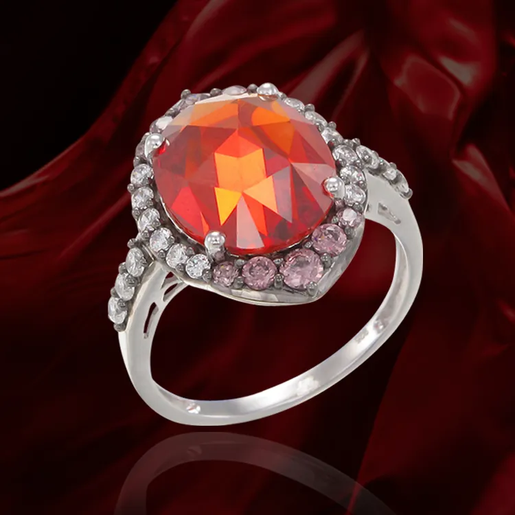 Glowing Firey Orange, Rhodolite and White AAA CZ Ring