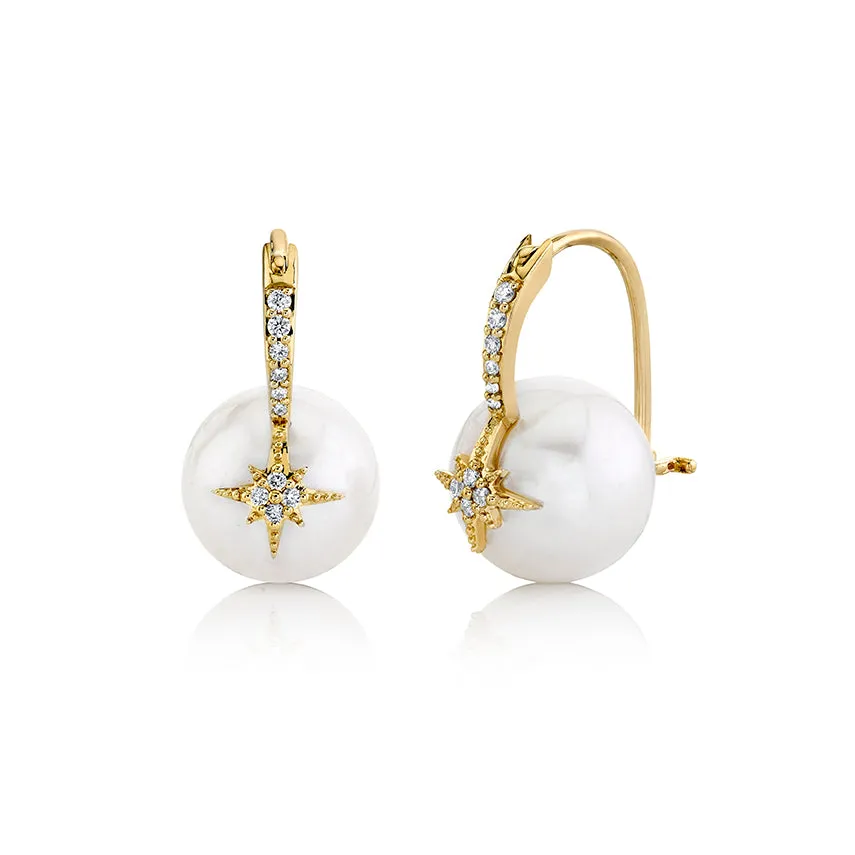Gold & Diamond Starburst Pearl Bead Earrings