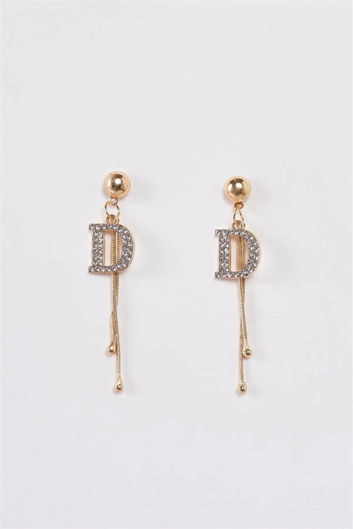 Gold & Rhinestone "D" Accent Double Wire Drop Earrings