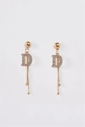 Gold & Rhinestone "D" Accent Double Wire Drop Earrings