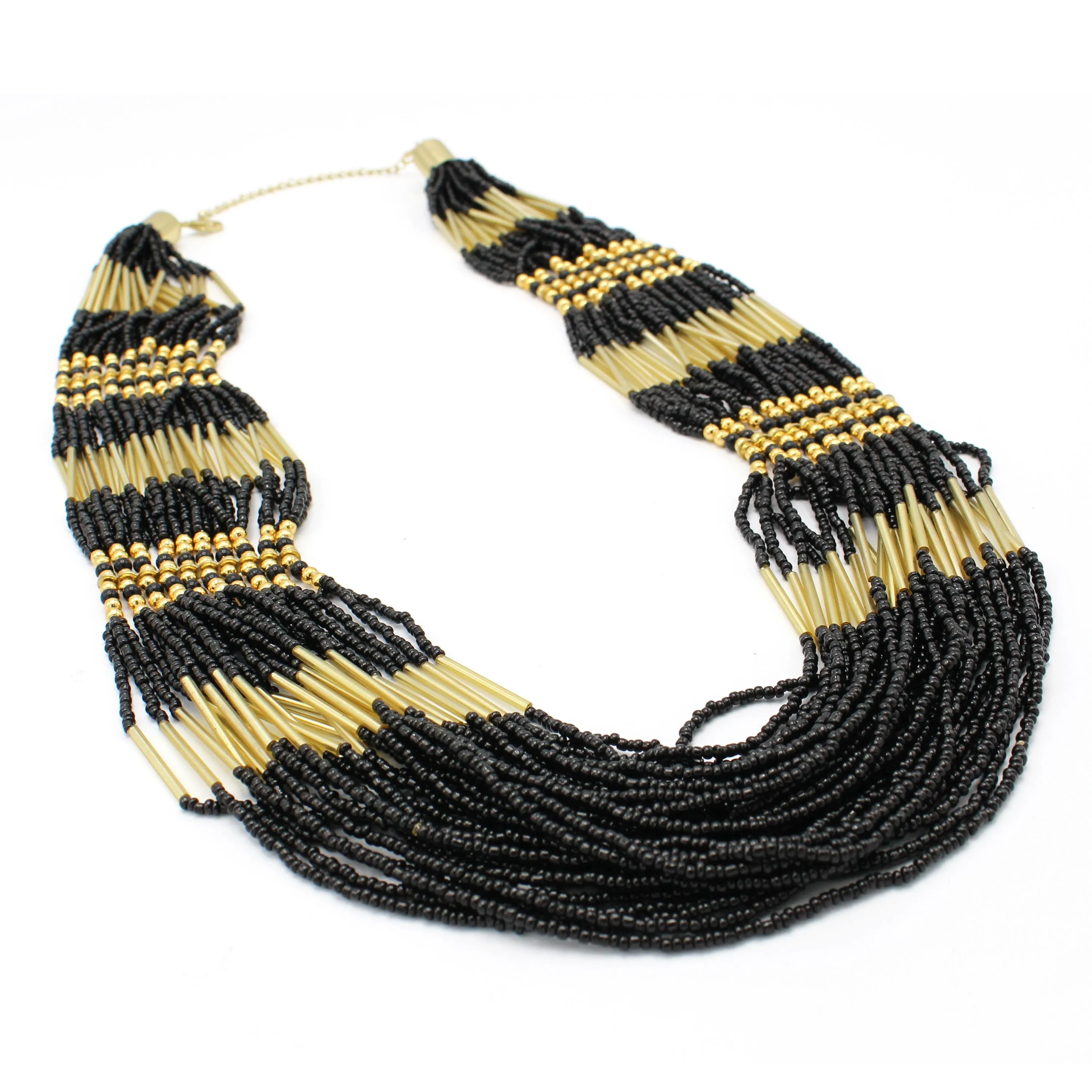 GOLD BLACK SEED BEAD STATEMENT NECKLACE #N2216GBLK(kitchen line)