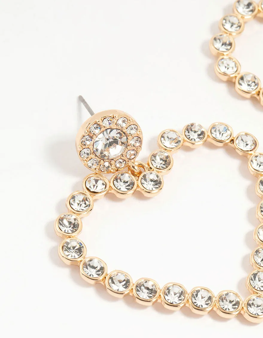 Gold Diamante Mega Heart Drop Earrings