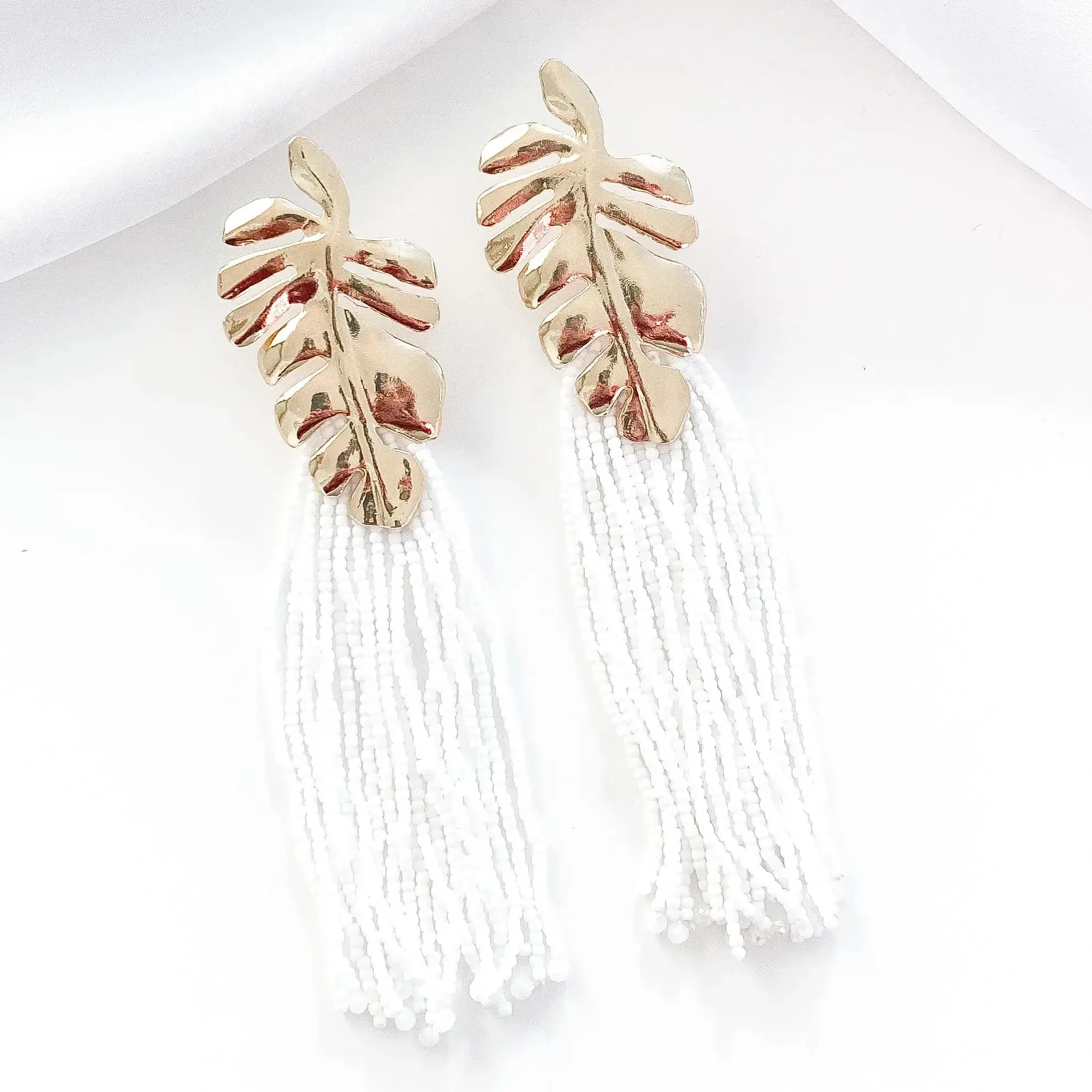 Gold Leaf and White Tassel Earrings