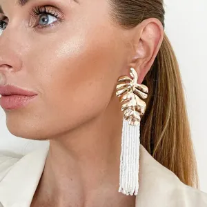 Gold Leaf and White Tassel Earrings