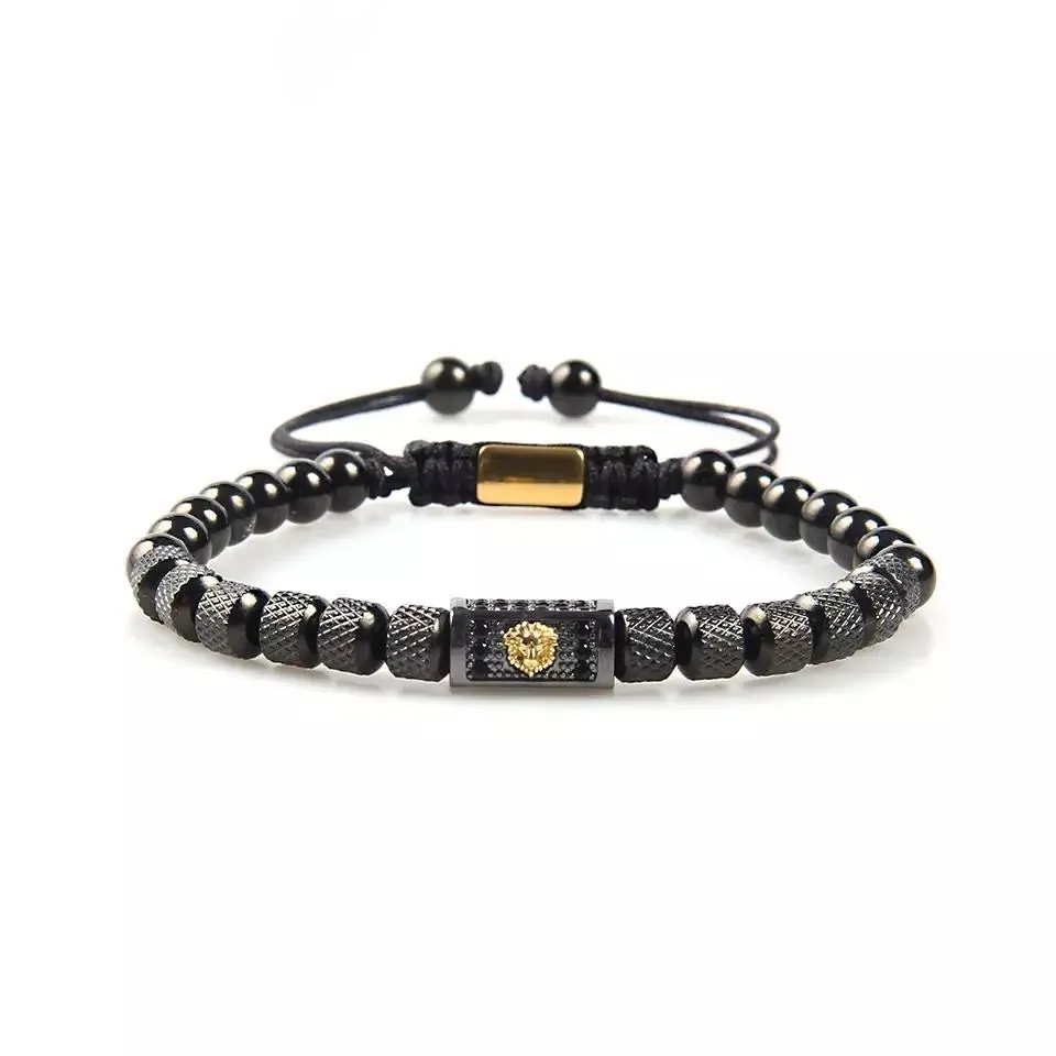 Gold Lion & Black Metal Beads Bracelet