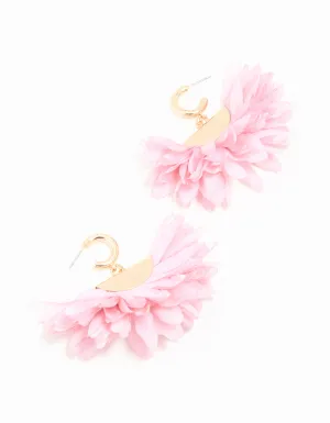 Gold Pink Fabric Large Petal Huggie Earrings