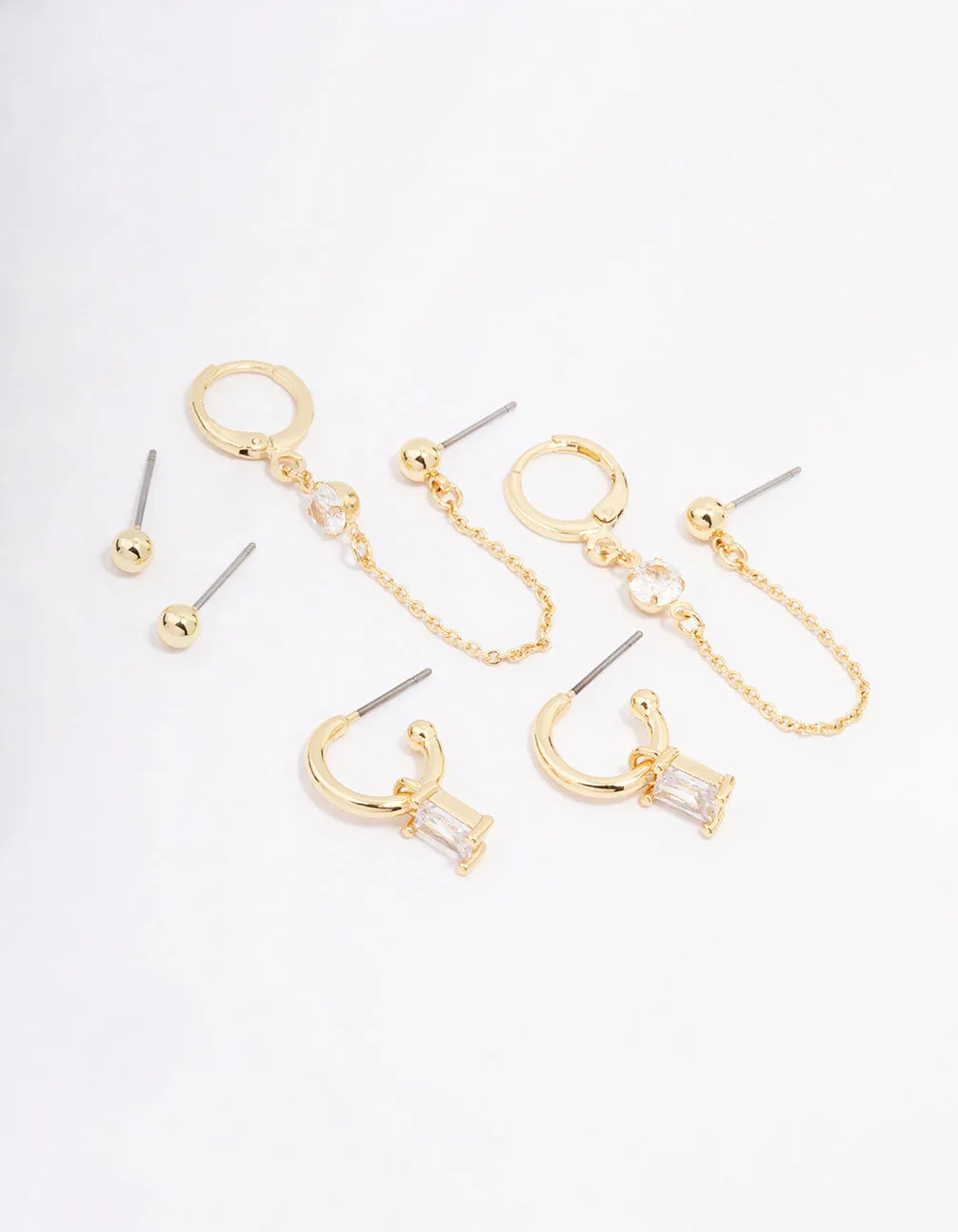 Gold Plated Baguette Hoop & Chain Earring 3-Pack