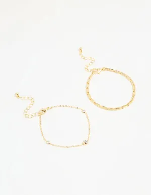 Gold Plated Cubic Zirconia & Chain Bracelets 2-Pack