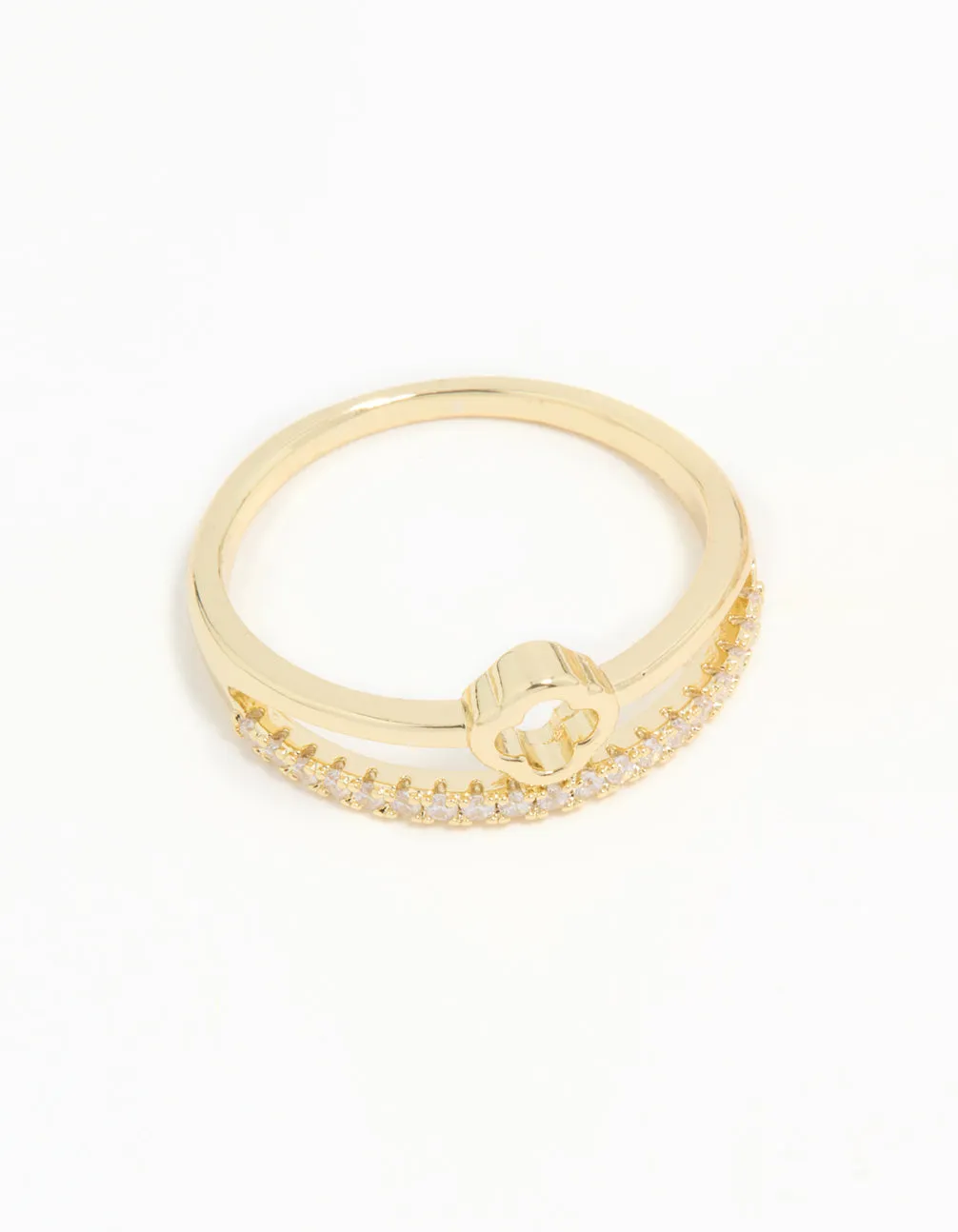 Gold Plated Cubic Zirconia Dainty Stacked Flower & Band Rings 2-Pack