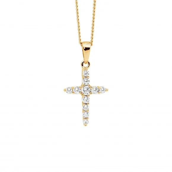 Gold Plated Sterling Silver Cubic Zirconia Cross Pendant 15mm P871G