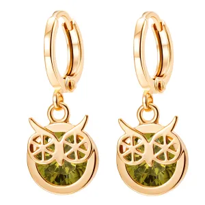 Green Cubic Zirconia & 18K Gold-Plated Owl Bezel Drop Earrings