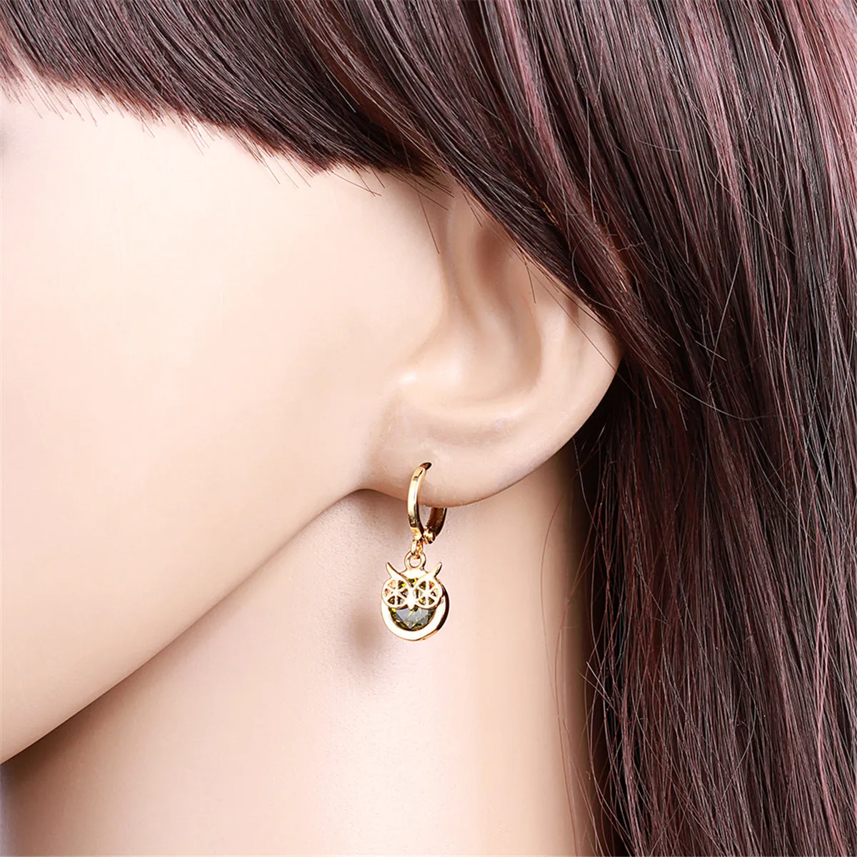 Green Cubic Zirconia & 18K Gold-Plated Owl Bezel Drop Earrings