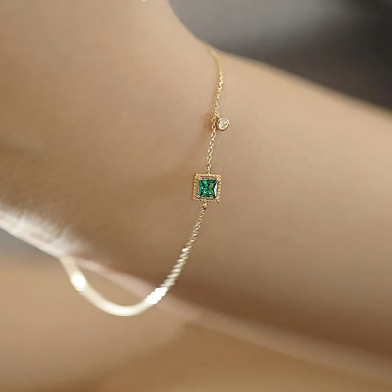 Green Zircon Square Bracelet - Elegant 925 Silver