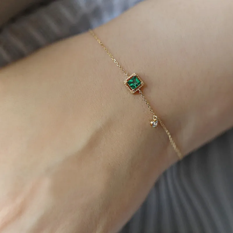Green Zircon Square Bracelet - Elegant 925 Silver