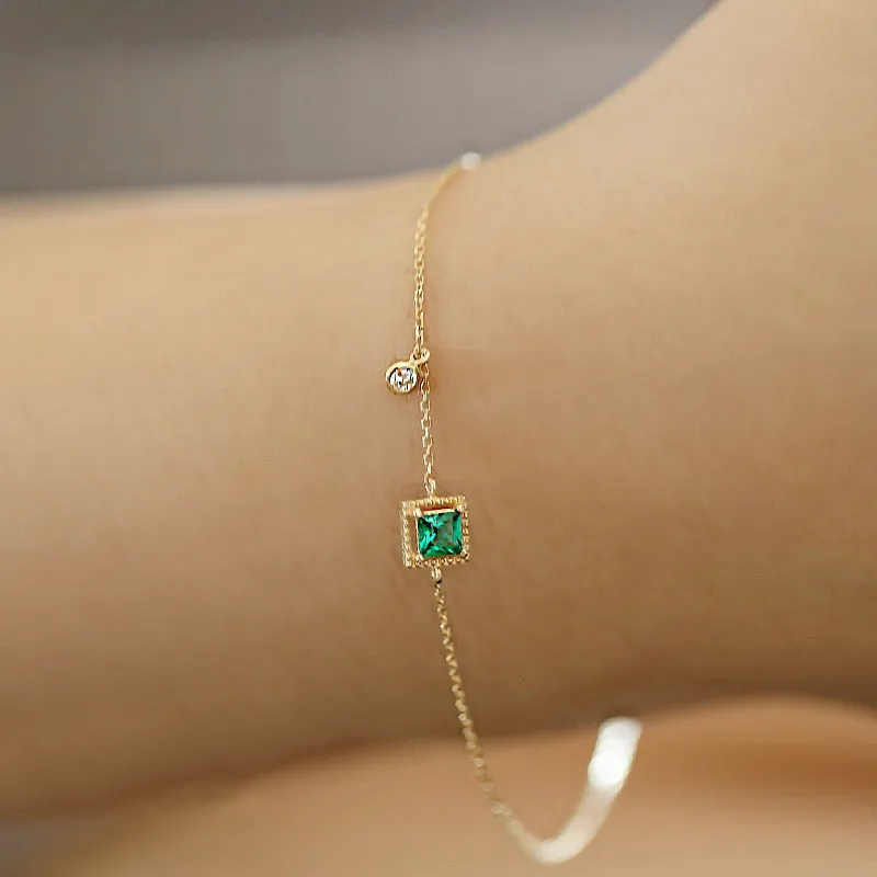 Green Zircon Square Bracelet - Elegant 925 Silver