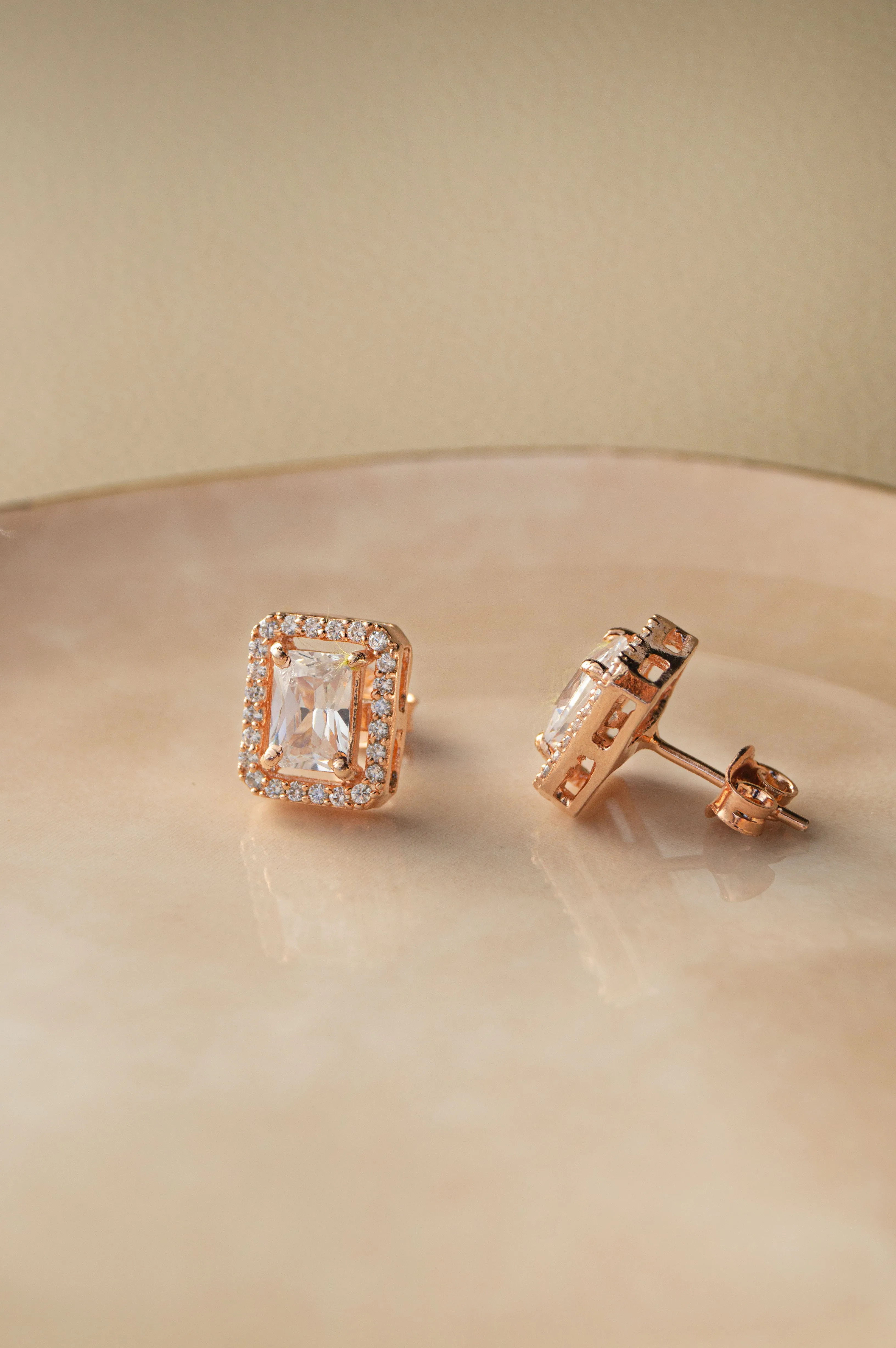 Halo Emerald Cut Solitaire Rose Gold Plated Sterling Silver Earrings