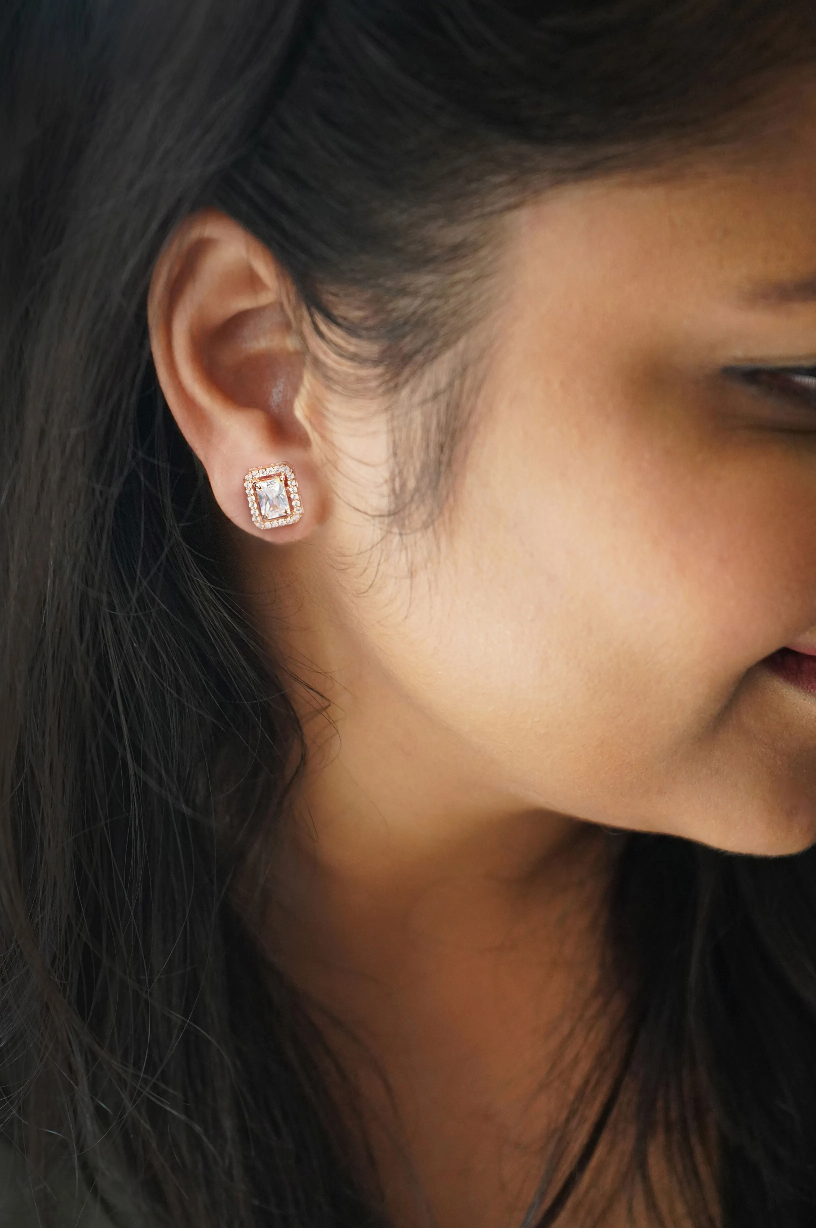 Halo Emerald Cut Solitaire Rose Gold Plated Sterling Silver Earrings