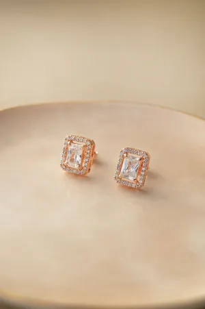 Halo Emerald Cut Solitaire Rose Gold Plated Sterling Silver Earrings