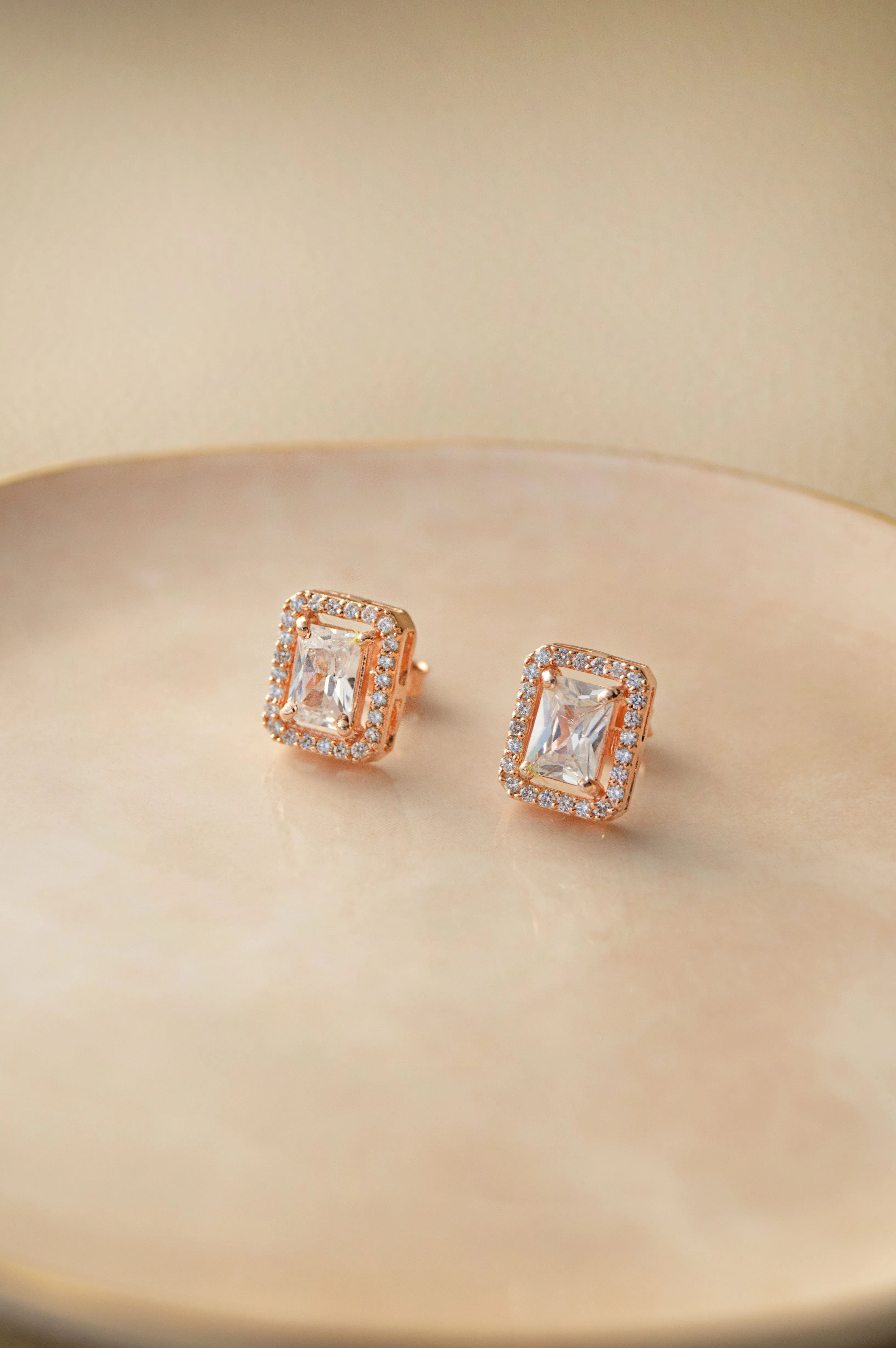 Halo Emerald Cut Solitaire Rose Gold Plated Sterling Silver Earrings