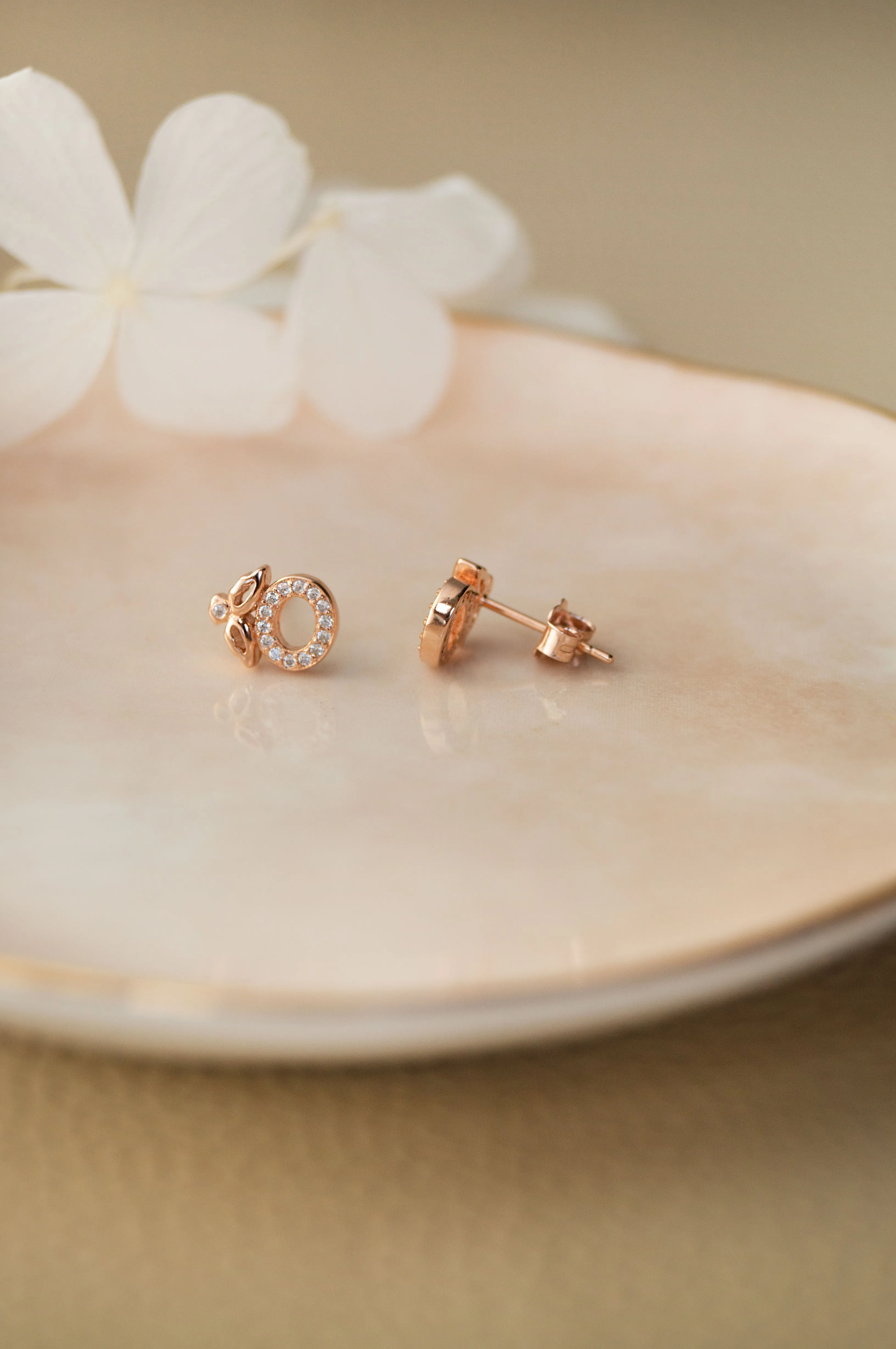 Halo Flower Rose Gold Plated Sterling Silver Pendant Set