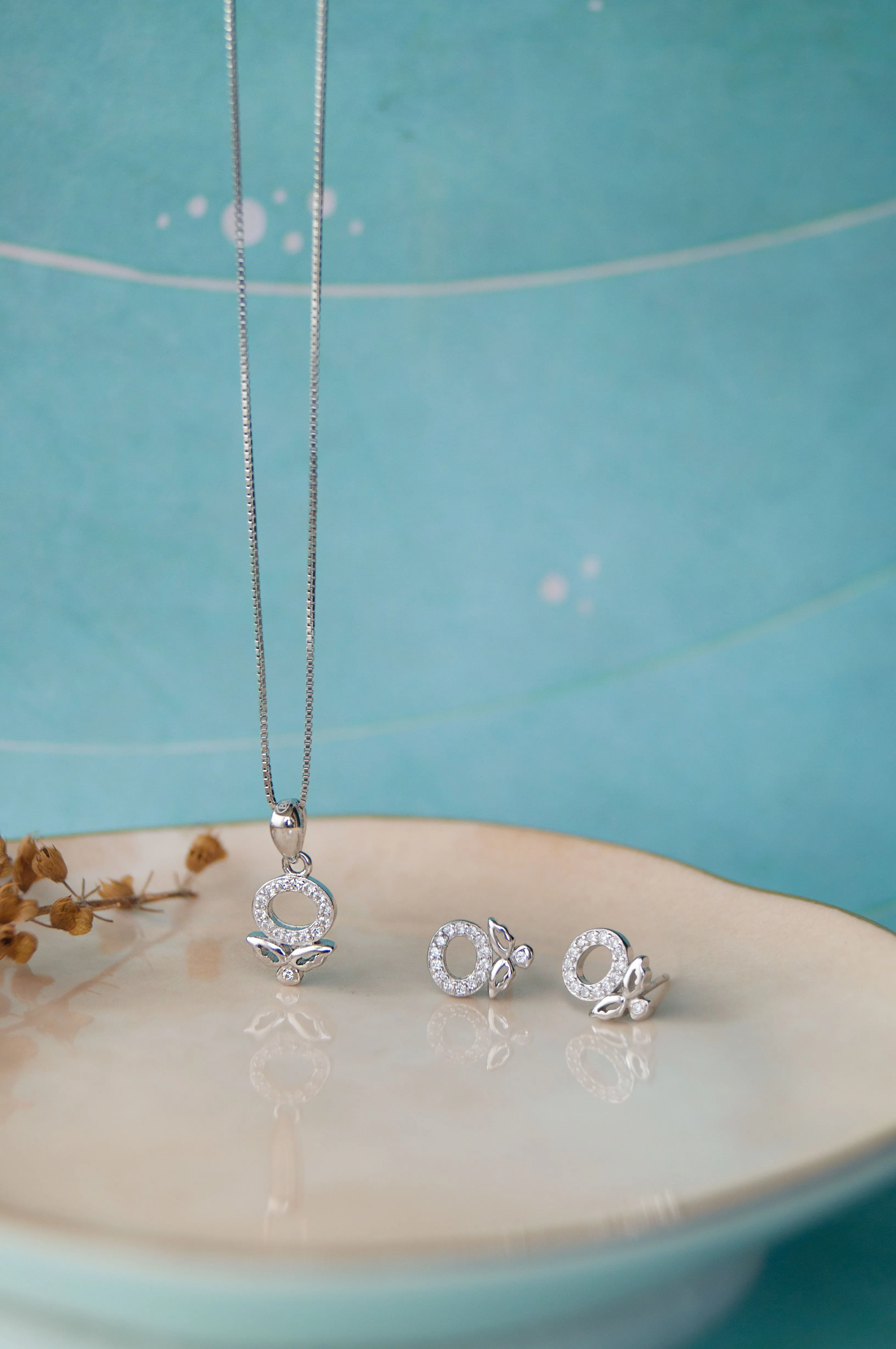 Halo Flower Rose Gold Plated Sterling Silver Pendant Set