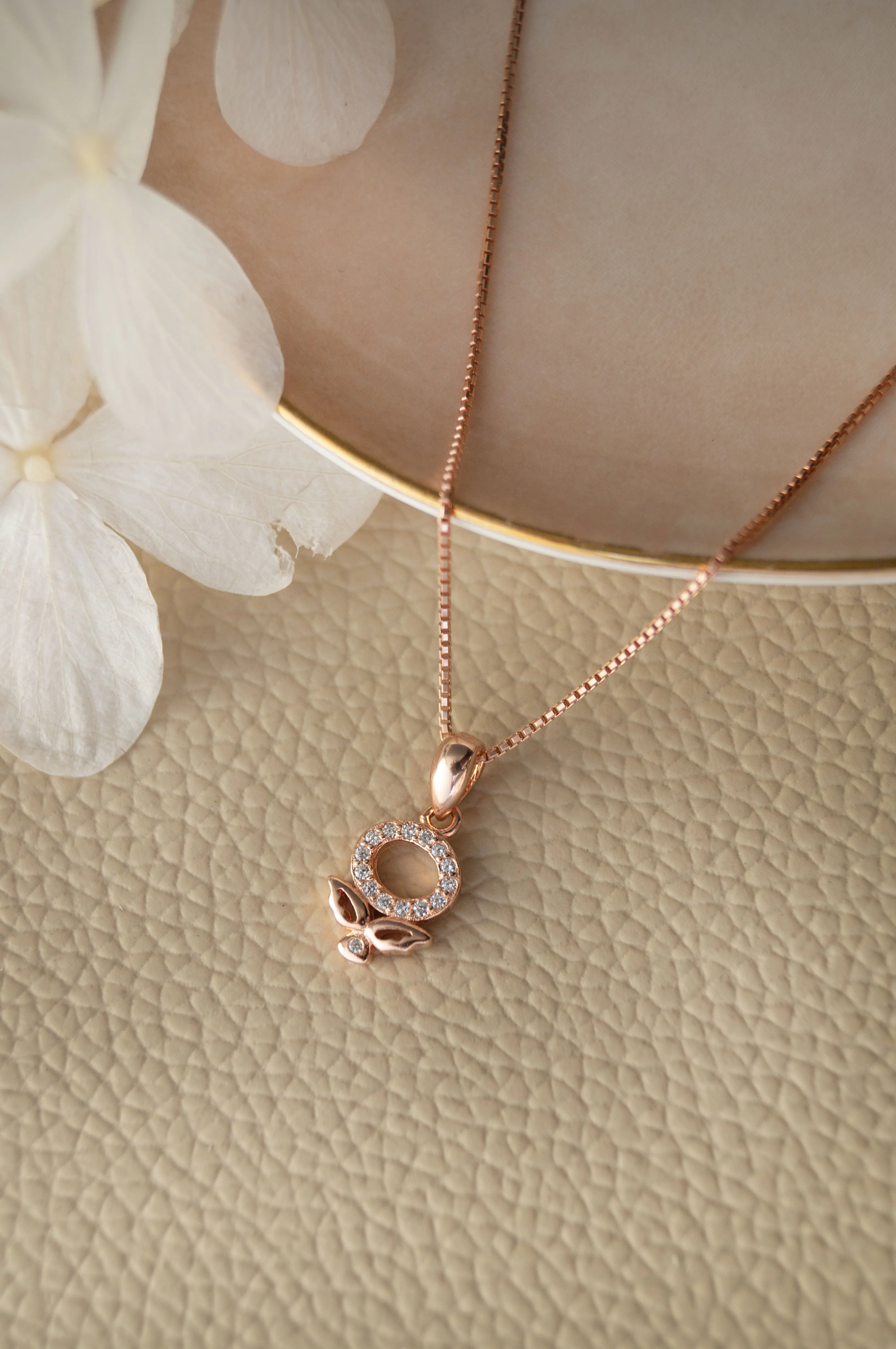 Halo Flower Rose Gold Plated Sterling Silver Pendant Set