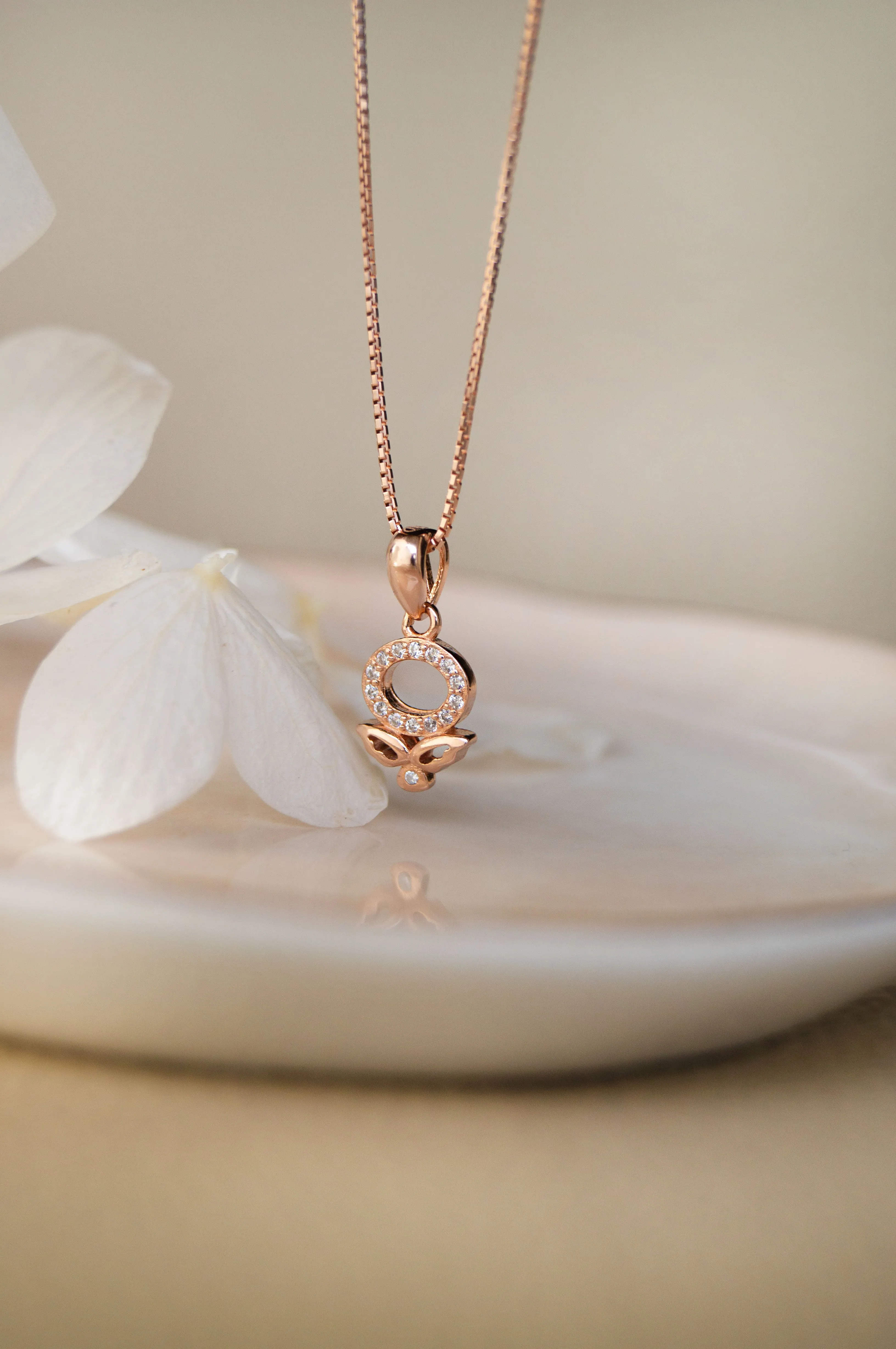 Halo Flower Rose Gold Plated Sterling Silver Pendant Set