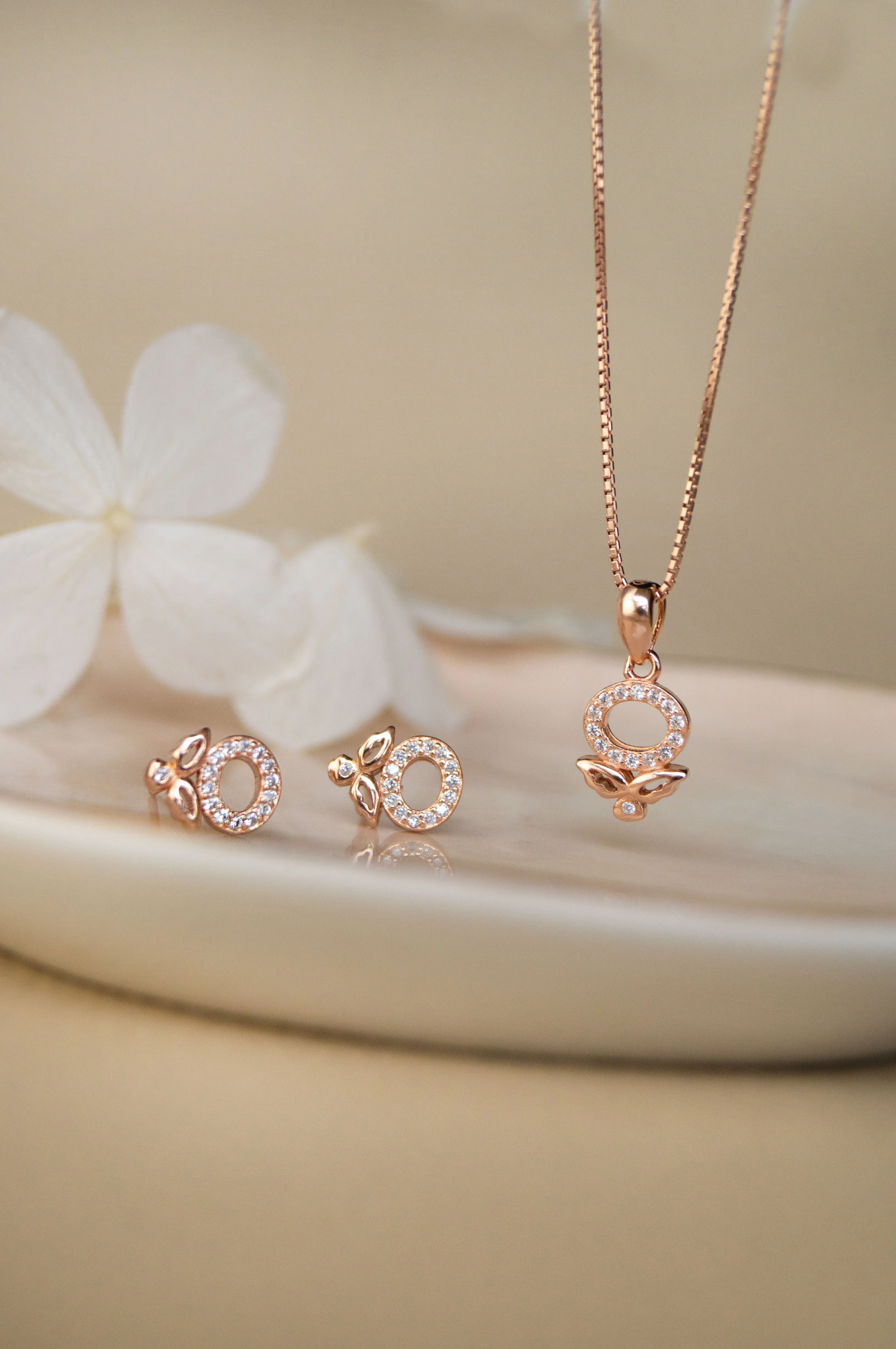 Halo Flower Rose Gold Plated Sterling Silver Pendant Set