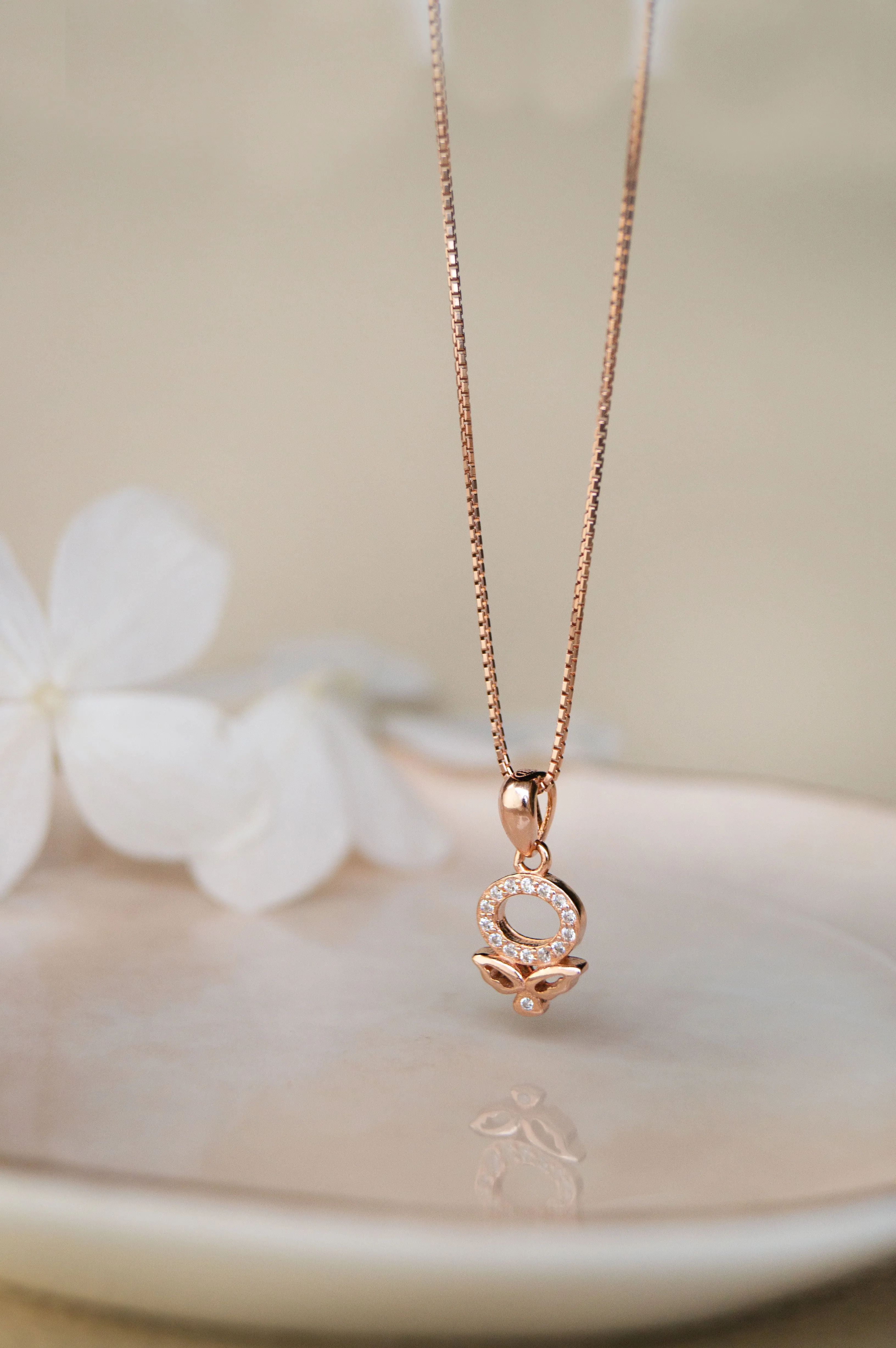 Halo Flower Rose Gold Plated Sterling Silver Pendant Set