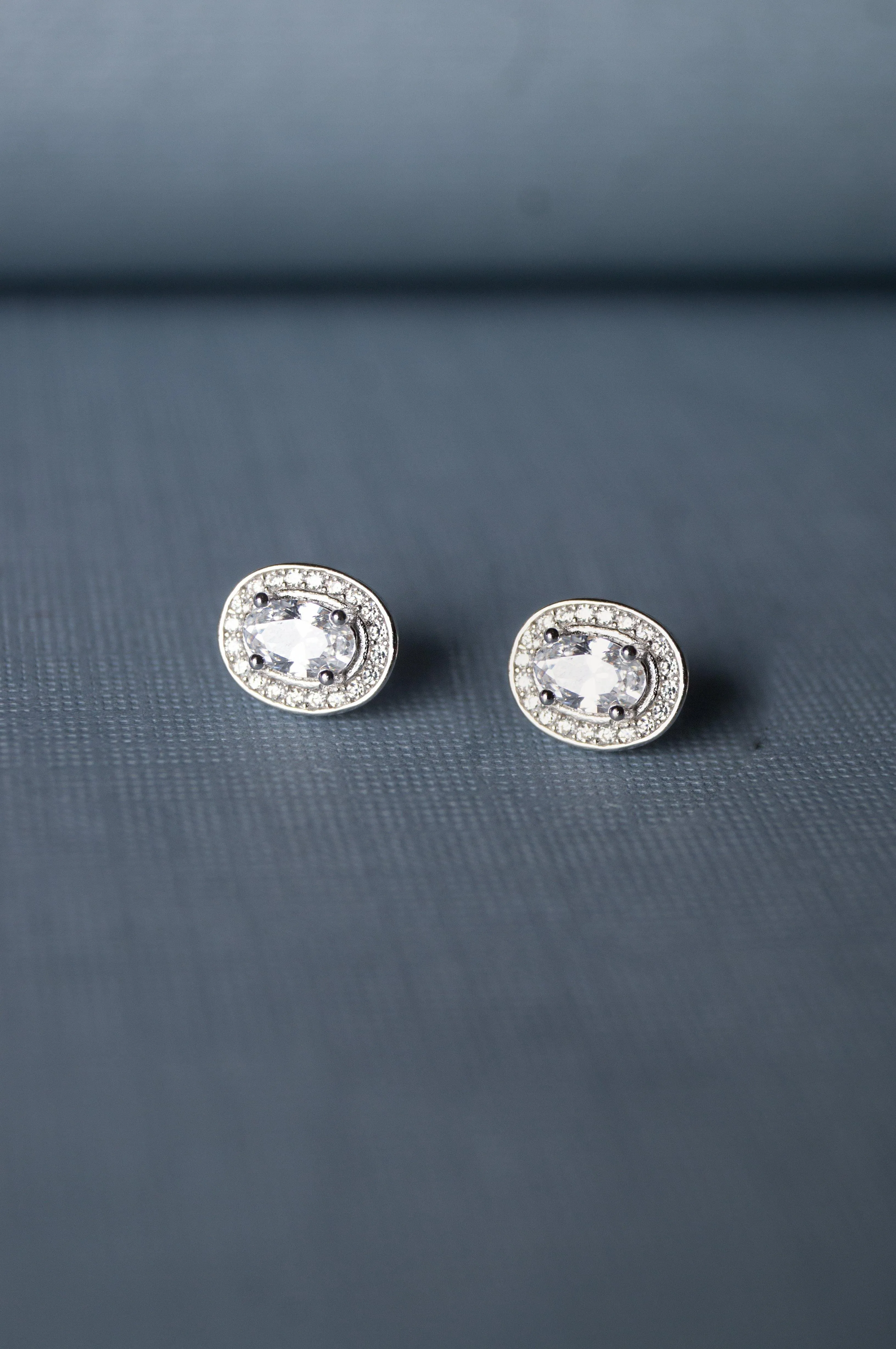Halo Oval Solitaire Sterling Silver Earrings