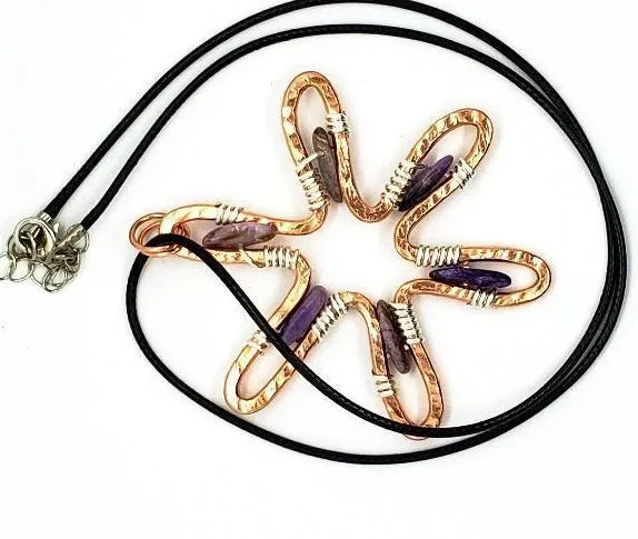 Handmade Sunshine Pendant Necklace With Purple Charoite - Copper