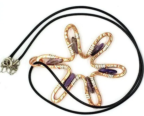 Handmade Sunshine Pendant Necklace With Purple Charoite - Copper