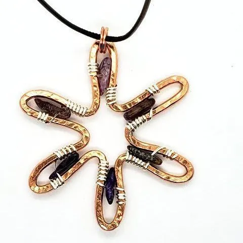Handmade Sunshine Pendant Necklace With Purple Charoite - Copper