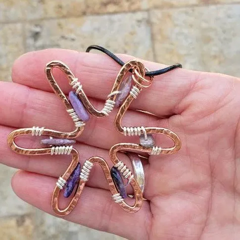 Handmade Sunshine Pendant Necklace With Purple Charoite - Copper