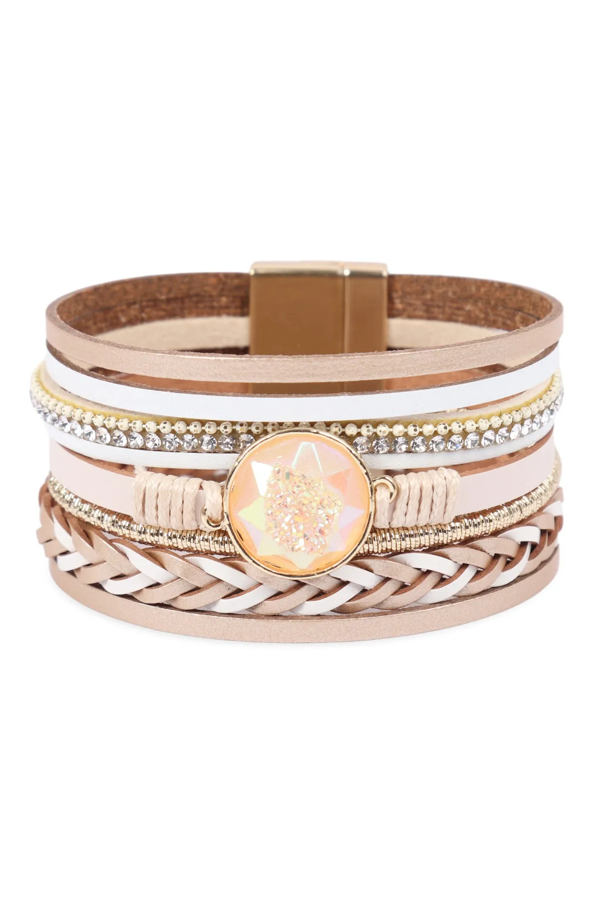 HDB3273 - LEATHER WRAP WITH CRYSTAL CHARM MAGNETIC LOCK BRACELET