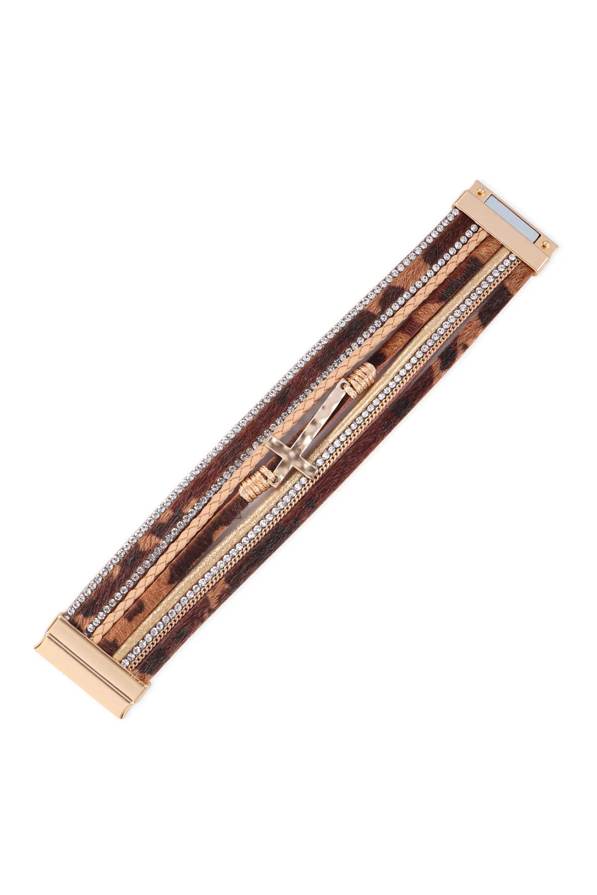 HDB3468 - LEOPARD PRINT LEATHER WRAP MAGNETIC LOCK W/ CROSS BRACELET