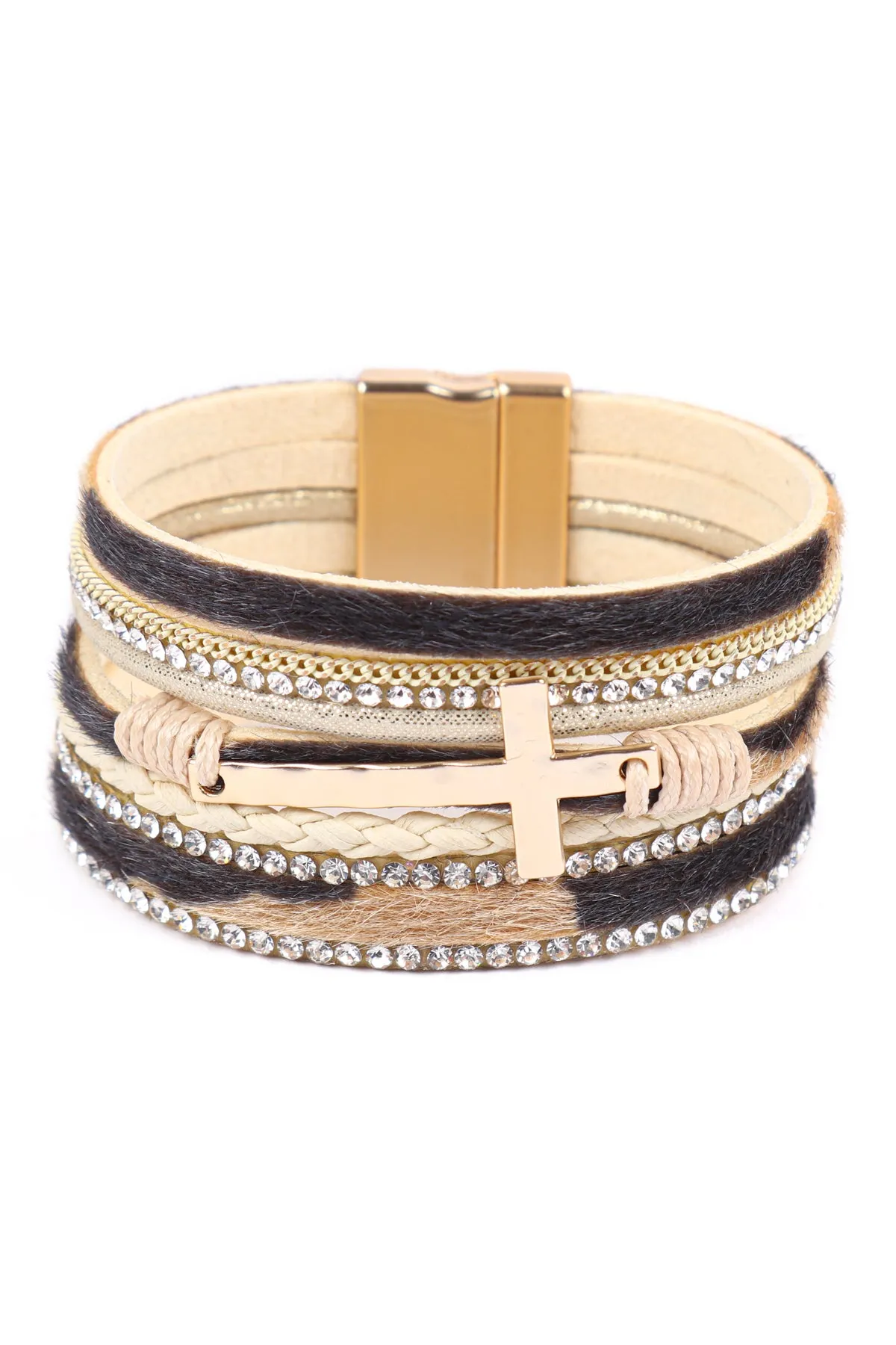 HDB3468 - LEOPARD PRINT LEATHER WRAP MAGNETIC LOCK W/ CROSS BRACELET