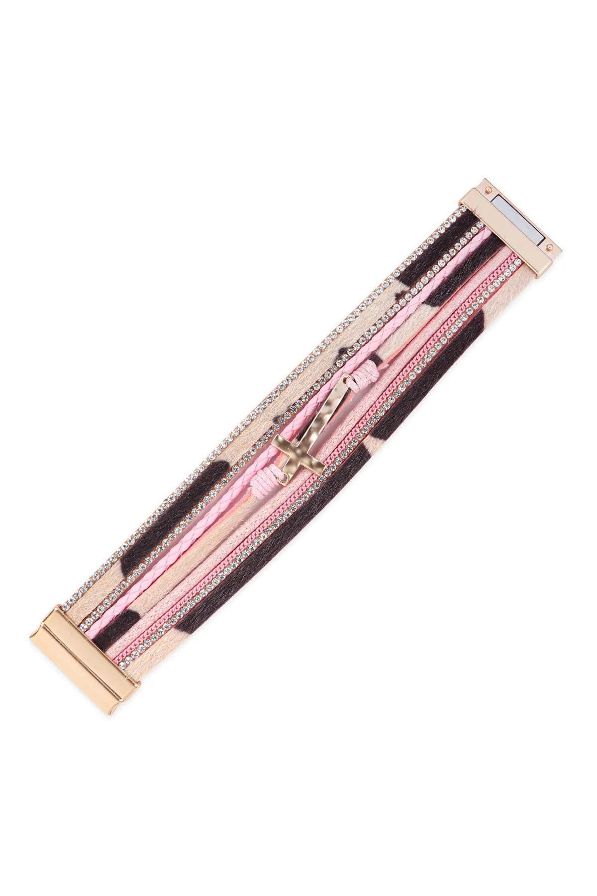 HDB3468 - LEOPARD PRINT LEATHER WRAP MAGNETIC LOCK W/ CROSS BRACELET