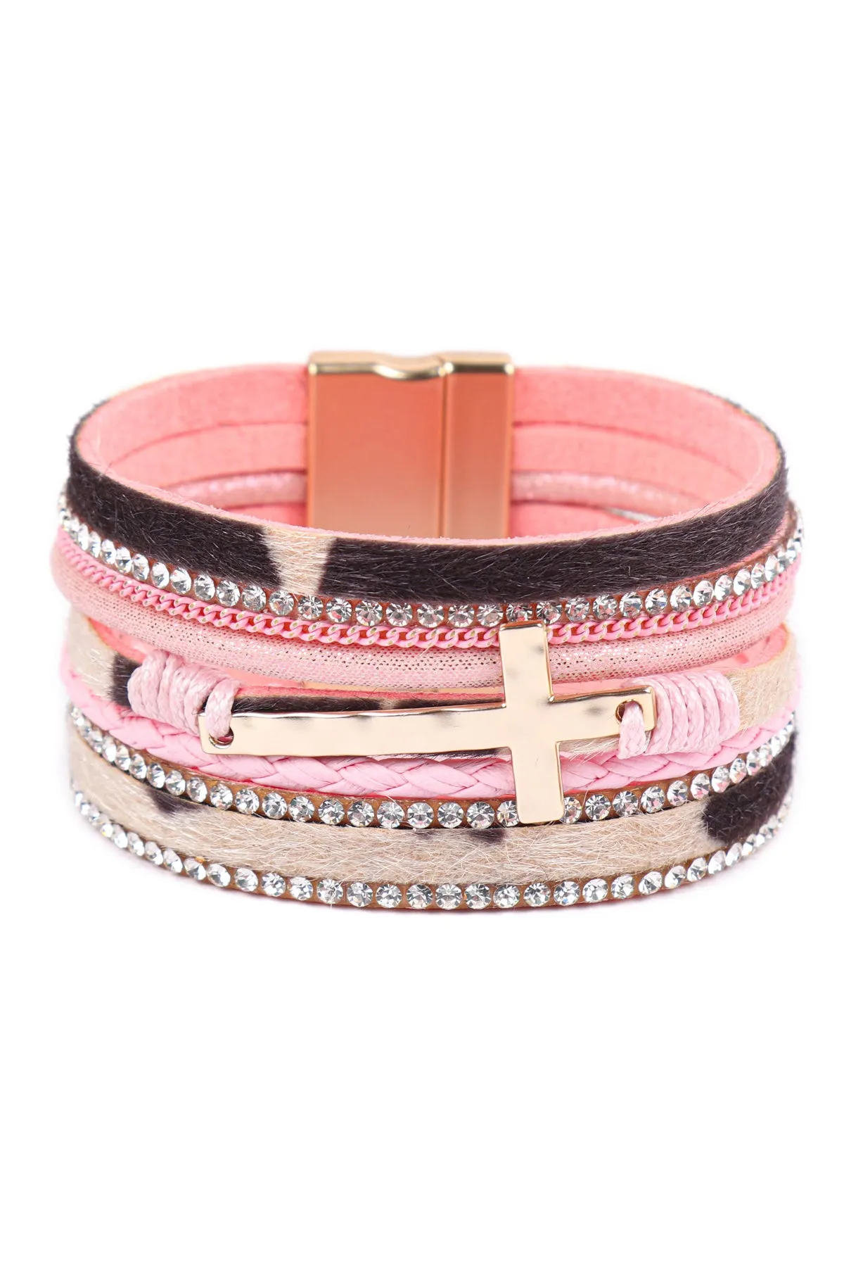 HDB3468 - LEOPARD PRINT LEATHER WRAP MAGNETIC LOCK W/ CROSS BRACELET