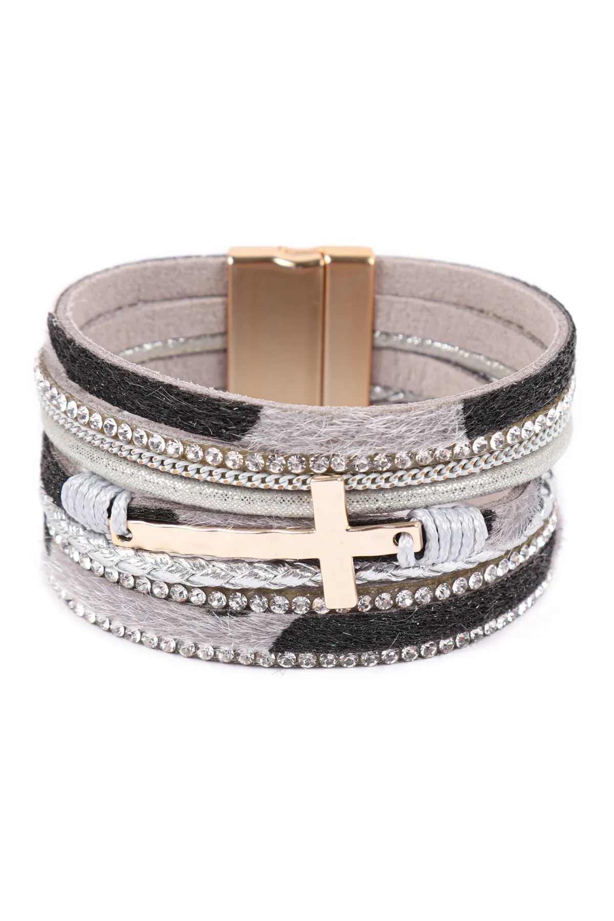 HDB3468 - LEOPARD PRINT LEATHER WRAP MAGNETIC LOCK W/ CROSS BRACELET