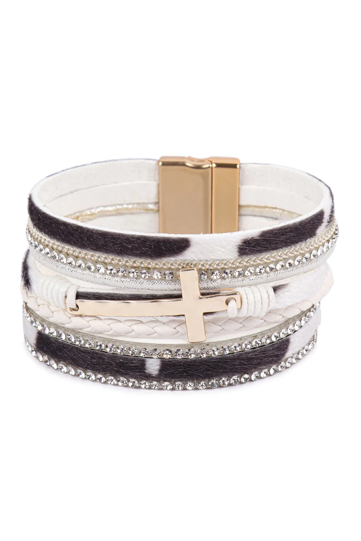 HDB3468 - LEOPARD PRINT LEATHER WRAP MAGNETIC LOCK W/ CROSS BRACELET