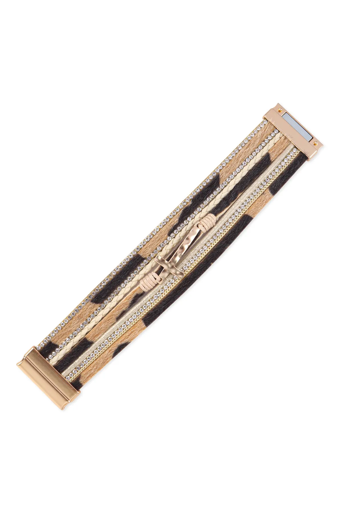 HDB3468 - LEOPARD PRINT LEATHER WRAP MAGNETIC LOCK W/ CROSS BRACELET